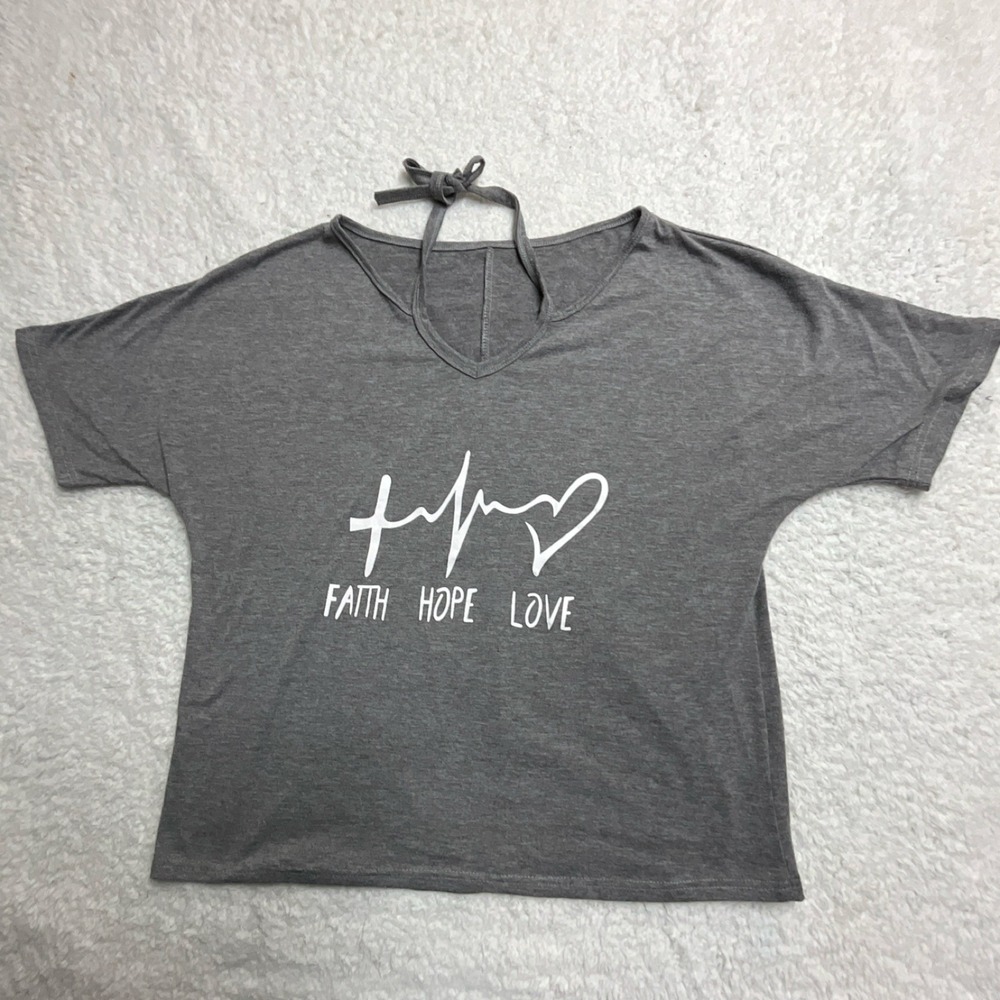 Gray V-Neck Tie Back Short Sleeve Graphic Print Women's T-Shirt 2XL
